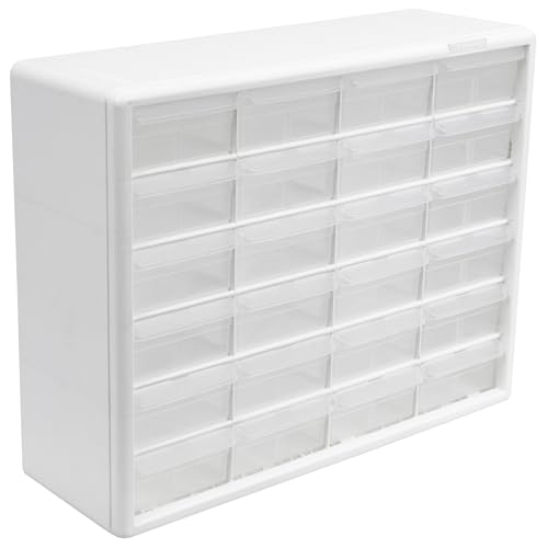 Akro-Mils 24-Drawer Plastic Drawer Storage Cabinet for Garage Organization, Bead Organizer, Building Bricks Storage, Teacher Toolbox, Makeup Organizer, 20" W x 6" D x 16" H, 10124 White