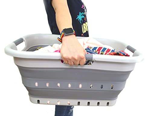 Image of SAMMART 41L (10.8 gallon) Set of 2 Collapsible 3 Handled Plastic Laundry Basket-Foldable Pop Up Storage Container /Organizer-Space Saving Hamper /Basket (2, Grey /Dark Grey)