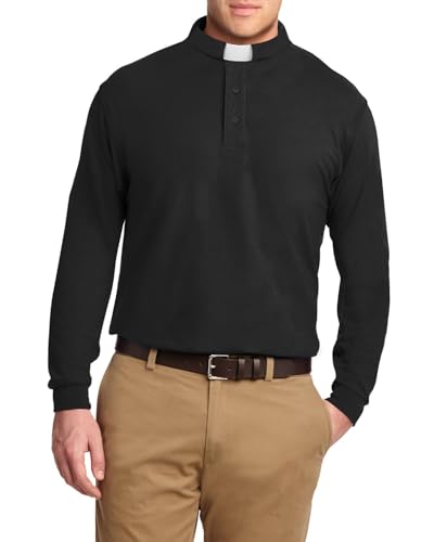 Men's Clergy Tab Collar Polo Shirt Long Sleeve Pastor Minister Preacher Shirt Priest Tops Black