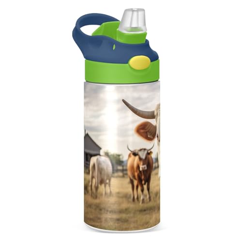 GOODOLD Farm Cow Pattern Kids Water Bottle, Insulated Stainless Steel Water Bottles with Straw Lid, 12 oz BPA-Free Leakproof Duck Mouth Tumbler for Boys Girls