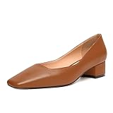 JUSTDANNI Women's Slip On Stylish Dress Matte Block Square Toe 1.5 Inch Low Heel Wedding Brown Pumps Shoes Size 8 - Zapatos de Mujer de Tacon Bajo Elegantes para Fiesta