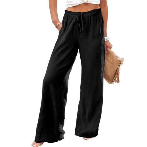 Cotton Linen Pants Women Plus Size, Summer Drawstring Fashion Vacation Trousers High Waisted Outfits Slacks Wide Leg2
