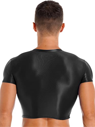 FEESHOW Men's Glossy Short Sleeve Muscle Half Tank Top Sport T-Shirts Workout Sexy Crop Tops4