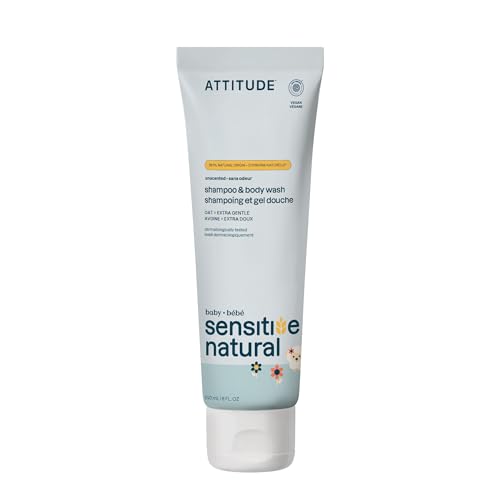 ATTITUDE Baby 2-in-1 Shampoo and Body Wash, EWG Verified, Enriched with Oatmeal, Unscented, 8 Fl Oz