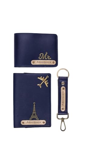 Image of Personalized Wallet, Keychain and Passport Combo | Personalized Wallet Keychain Passport Set with Name Printed Wallets Keychains Passports for Men | Customised Gift Set for Men with Name & Charm, Blue