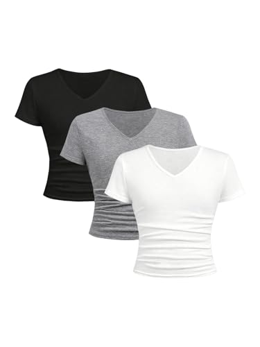 SOLY HUX Girl's 3 Piece Summer Ruched Short Sleeve V Neck Tee T Shirts Basic Fitted Tops Cute Clothes