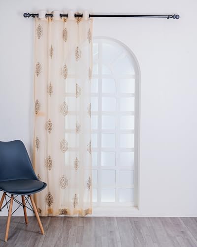 Image of (7 ft Sheer Tissue with Embroidery Damas Design|Grommet Curtains Window Long Curtain|Tissue Fabric Window Single Curtain (Golden&Light Brown) for Home|(Pack of 1) 213 LX121 W cm