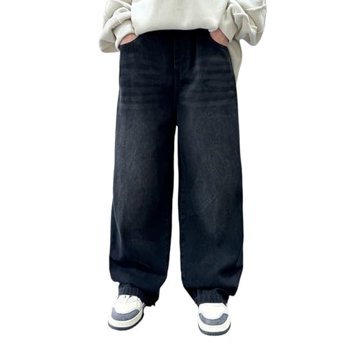 Boy's Baggy Jeans Elastic Waist Pull On Denim Pants Classic Straight Wide Leg Jeans for Kids 6-14 Years