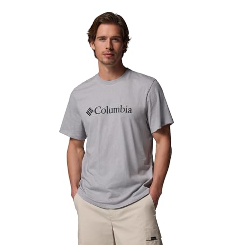 Columbia Men's Basic Logo Tee, Short Sleeve T-Shirt, Columbia Grey Heather/Gem Columbia, Large