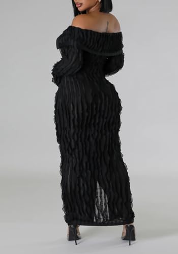 LETSVDO Women's Maxi Off Shoulder Dress Long Sleeve Button Down Ruffle Mesh Bodycon Sexy Dresses Stretchy2