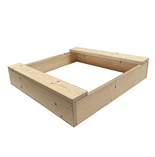 Clamaro 'Basic' Holz Sandkasten 100 x 100 cm extra stabil aus Fichte Massivholz Bohlen (26mm stark, unbehandelt), 2 Sitzflächen mit abgerundeten Kanten, verzinkte Schrauben - 100% Made in Germany
