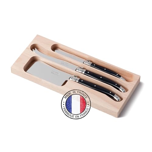 Andre Verdier Laguiole 3 Piece Cheese and Butter Knife Set in Wooden Display Tray/Gift Box - Black
