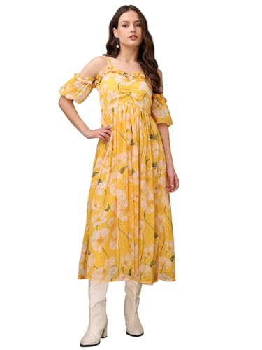 Purvaja Womens Sweetheart Neck Georgette Midi Dress (Floe-112-Yellow_Medium)