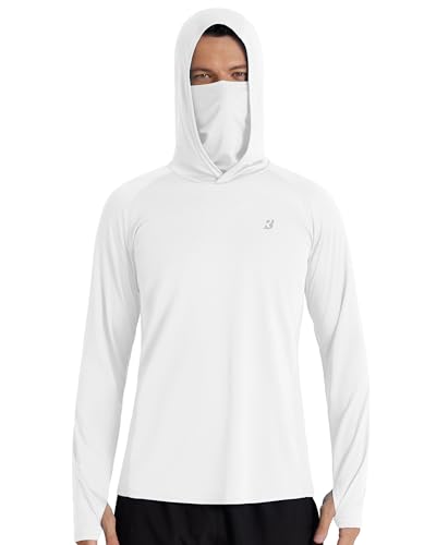 Roadbox Men's UPF 50+ Hooded Fishing Shirts Long Sleeve Sun Protection Hoodie, Hiking Running Swimming Rash Guard with Mask White