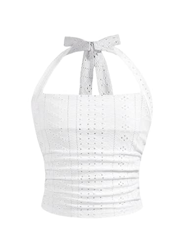 Image of Floerns Girl's Eyelet Embroidery Sleeveless Halter Vest Solid Ruched Crop Tank Top