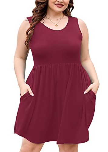 Image of AusLook Plus Size Summer Tank Dress for Women Casual Sleeveless Crewneck Pleated Babydoll Swing Sundresses with Pockets 1X-5X