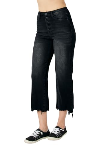 Judy Blue High Waist Distressed Raw Hem Wide Leg Crop Jeans, Black3