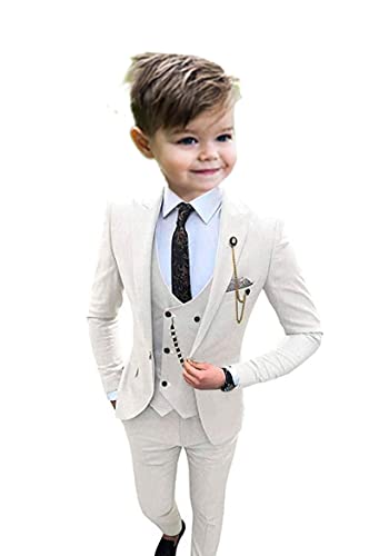 Conjunto de 3 piezas de esmoquin de un botón para niños, con solapa de pico, chaqueta, chaleco, pantalones, traje para boda, blanco, 16 años