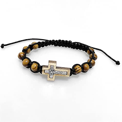 Catholic Wooden Beads Adjustable Men's Bracelets Rosary with Wood Crucifix (Black)2