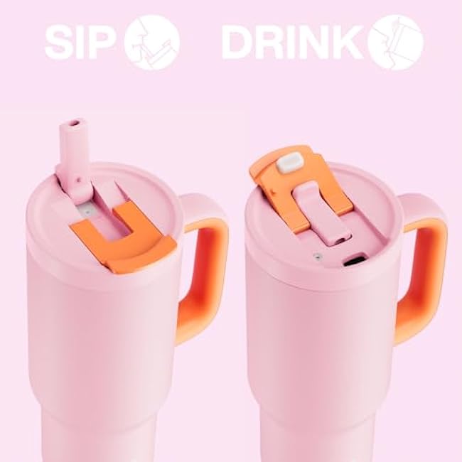 32 oz Tumbler with Handle and Flip Straw, 100% Resistant Tumbler with Lid and Straw, Insulated Stainless Steel Travel Coffee Mug, Keeps Cold for 24 Hours, Cup Holder Friendly (Blush)