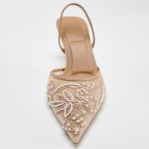 Kluolandi Women's Embroidered Slingback Kitten Heels with Pearls Breathable Mesh Pointed Toe Pumps Low Heel Slip On Dress Shoes4
