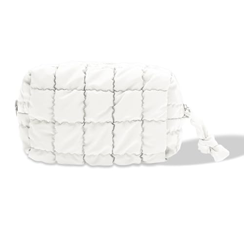 GLIDESMOOTH Makeup Bag, Quilted Cosmetic Bag, Toiletry Bag, Makeup Organizer, Travel Cosmetic Organizer, Cute Makeup Pouch for Women, White