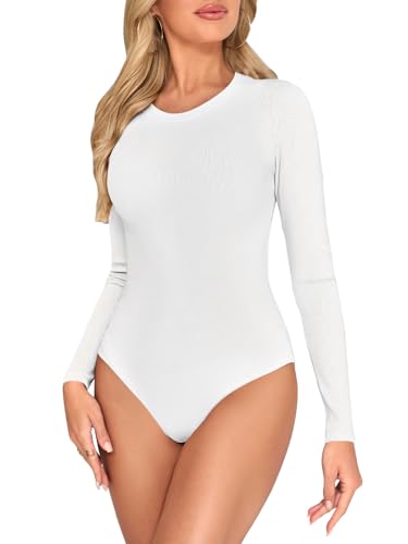 Kefiyis Body Damen Langarm Rundhals Bodysuit Langarmbody Elegant Bodys Tanga with Druckknöpfen Elastischer Basic Damenbodys für Alltag Büro Layering Look Weiß M