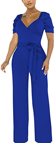 Image of PaladMom Womens Elegant Plus Size Jumpsuits Sexy Back zipper Short Sleeve Mid Waist Wide Leg Straight Rompers