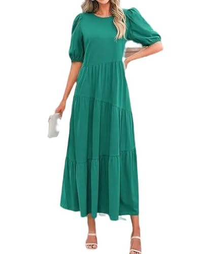 Vestido Largo de Verano con Cuello Redondo y Mangas abullonadas para Mujer - Verde - S