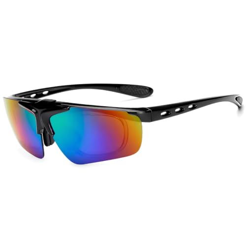 Image of Flip Up Sports Sunglasses for Men - Stylish Myopia Frame UV400 Protection Wraparound Mirrored Anti Glare Goggles - Lightweight Branded Glasses for Cycling, Cricket, Night Driving, Riding