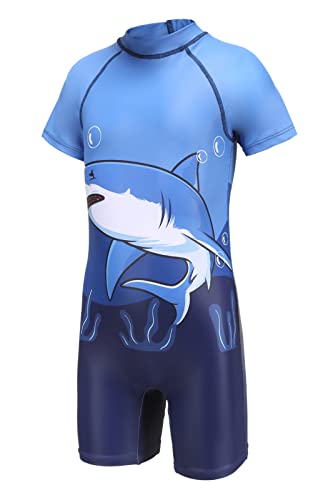 Aisyee Boys Swimming Costume Kids Short Sleeve Swimsuit Boys One Piece Swimwear Child Rash Guard Bathing Suit 3-14 Anos, Tubarão azul