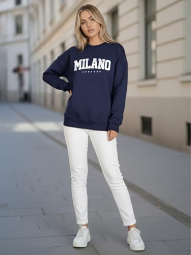Image of LEOTUDE Women's Boyfriend /Loose Fit Full Sleeve Drop Shoulder Loopknit Round Neck Sweatshirt (Color Navy)