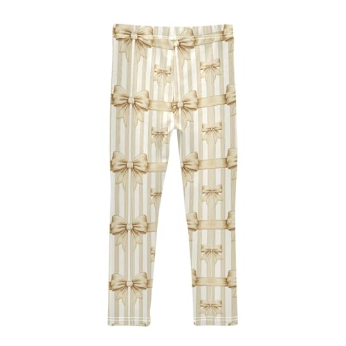 Beige Bow Stripe Girls Leggings Kids Yoga Pants Dance Active Tights 4T2