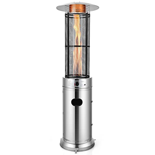 COSTWAY Outdoor Propane Patio Heater, 34,000 BTU Propane Heater with Dancing Flame, Portable Wheels, Stainless Steel Pyramid Floor-Standing Outdoor Heater for Balcony Backyard Garden, Silver