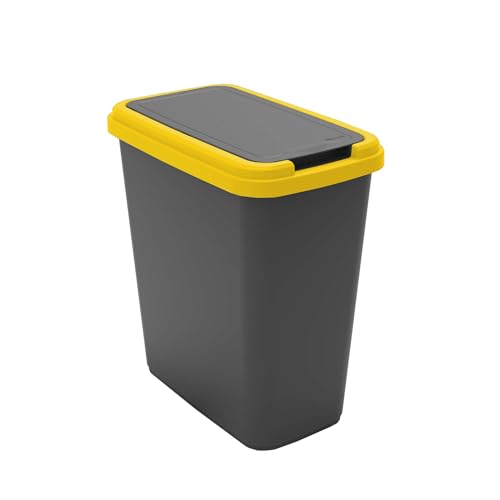 Sundis Green Bin, cubo de basura y de reciclaje, 25 L de capacidad, negro/amarillo, con tapa abatible o fija, con etiquetas adhesivas para cocina, oficina, lavadero, garaje