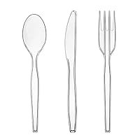Party Essentials Medium Weight Plastic Cutlery Combo Set, Includes Knives/Forks/Spoons, 300 Pieces/100 Place Settings, Clear