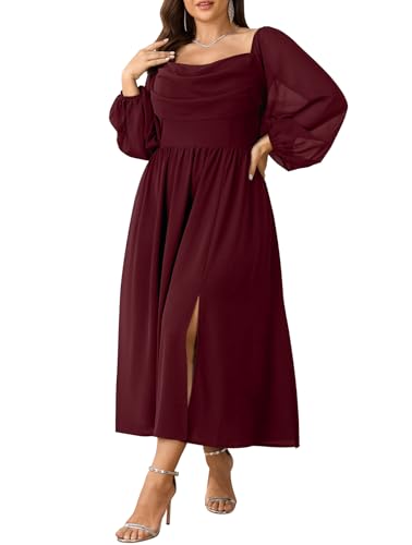 SHESTARR Women's Plus Size Dress Chiffon Long Sleeve Cowl Neck Wedding Guest Cocktail Party Maxi Dress Burgundy