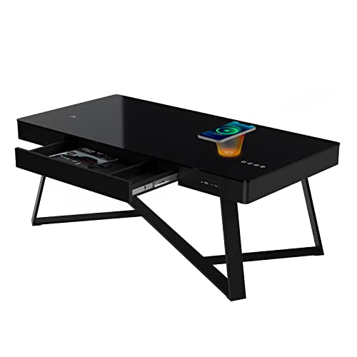ATLASIO Couchtisch mit Bluetooth Lautsprechern & 2 Wireless Chargern, Wohnzimmertisch 120x60 cm mit smartem Touchpad, USB & AUX, Sideboard mit induktiven Ladestationen, schwarz