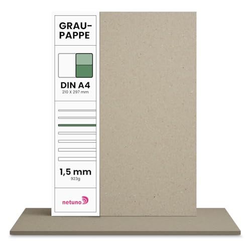 Netuno 20 Blatt Graupappe DIN A4 21 x 29,7 cm 923g 1,5 mm Buchbinderpappe A4 Graukarton für Buchbinden Bastelarbeiten Bastelkarton Bastelpappe Kartenkarton graue Pappe zum Basteln