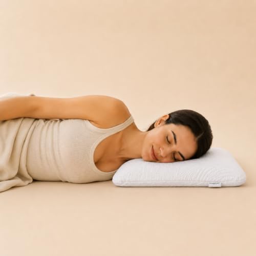 Image of kasiemobi Low Height 100% Natural Latex Pincore Pillow 60x40x5 cm | Natural Latex, Knitted Zippered Cover | Stomach Sleepers, Petite Adults, Lower Pillow Height | White Color