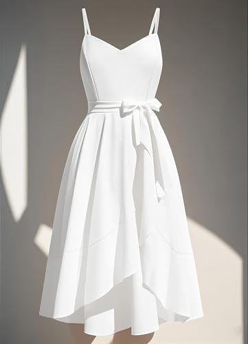 Image of Pinup Fashion Plus Size Cocktail Party Wedding Guest Semi Formal Midi Dress | Sexy V-neck, adjustable spaghetti strap, belted waist, fit and flare, flowy high-low ruffle hem, ideal for prom, homecoming