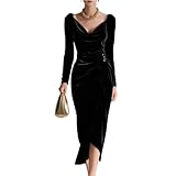 Vestido Mujer Manga Larga - Ropa Mujer Elegante Terciopelo Slim Fit Color Liso Cuello En V, Dresses Largo Exquisito, Dresses for Women Classic Adecuado para Primavera Y Verano Negro S