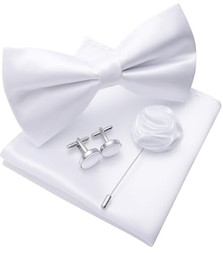 Image of Solid Color Bow Ties for Men Silk Pre-tied Tuxedo Bowtie Set 4PCS | Pre-tied in 3 seconds,adjustable 4PCS bow tie and pocket square cufflinks lapel pin set,wedding,formal,party,prom,graduation