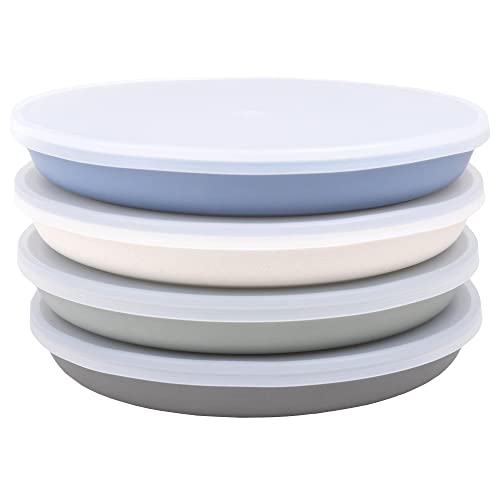 Image of WeeSprout Bamboo Plates with Silicone Lids, Set of 4, Kid-Sized Dinnerware, Cereal, Leftovers & Snacks, Dishwasher Safe Melamine Dishware (Blue, Green, Gray, & Beige)