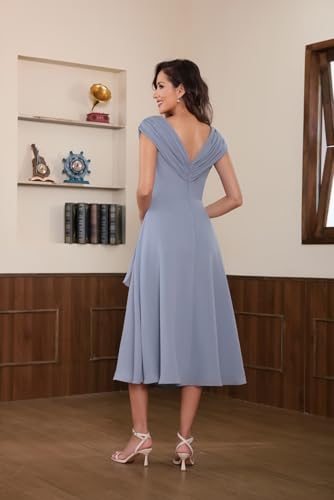 Women's Cap Sleeve Chiffon Mother of The Bride Dresses Tea Length Ruffle A Line Formal Dresses for Wedding4