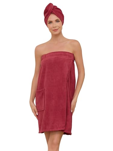 Image of Air Curvey Soft Wrap Towel for Women Lightweight Spa Body Wrap Shower Wrap Robe Adjustable Closure Bathrobe with Pocket Wine Red S /M