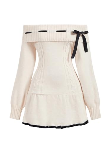 SOLY HUX Women's Off The Shoulder Sweater Dress Bowknot Knit Mini Dresses Bodycon Long Sleeve Sweater Dress 2024 Trendy Pure Apricot Small