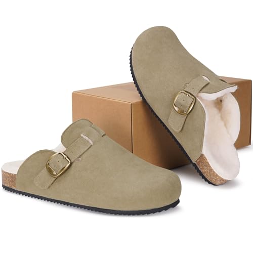Dokela Suede Clogs Mens Womens Winter Leather Mules Cork Footed Slip On Warm Lined Cozy House Slippers Shoes Arch Support Size Beige UK4.5=38 - Image 5