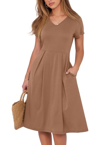 Image of ANRABESS Women Summer Dress Casual Short Sleeve V Neck A-Line Knee Length Pleated Flowy 2026 Fashion Midi Dresses with Pocket