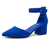 Shoe Land Womens SL-Kyana Pointed Toe Low Chunky Heel Pumps Ankle Strap Block Heeled Dress Shoes, RoyalBlue, Size 9.0